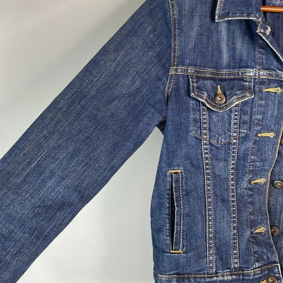 LEVIS Blue Dark Wash Denim Trucker Jean Jacket Red Tab Pockets Cotton Stretch M - Picture 4 of 14